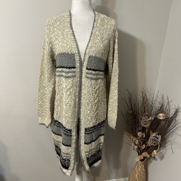 Pol Women Multicolor Cable Open Knit Open Front Long Cardigan Sweater Sz L - Picture 1 of 6